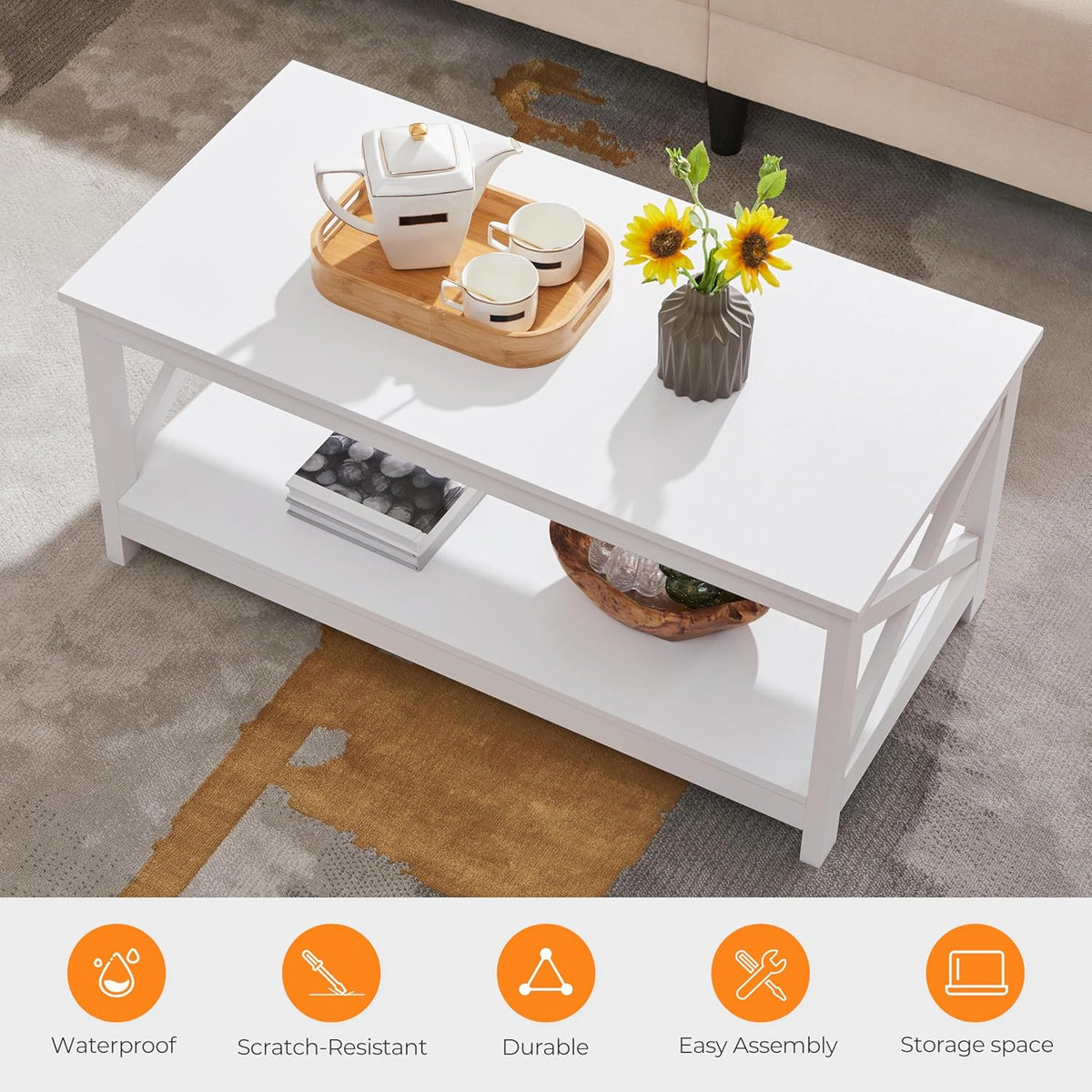 Wood 2-Tier White Coffee Table with Storage Shelf, X Design Accent Cocktail Table, Simple Design Home Furniture