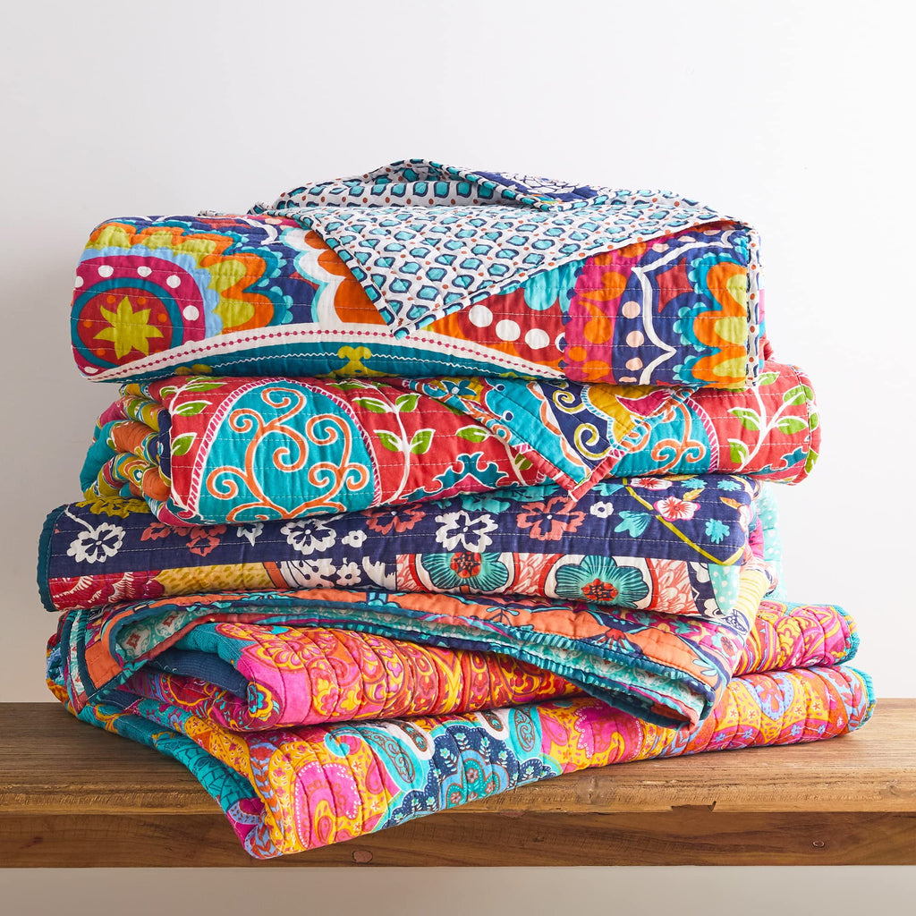 Jules Quilt Set - Quilt (106x92in.) + Two Pillow Shams (36x20in.) - Bohemian - Teal, Orange