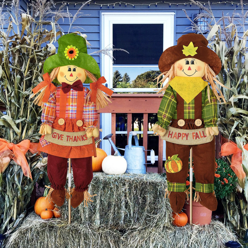 2 Pack Fall Scarecrow Outdoor Decorations, Plaid, Cute, 27''