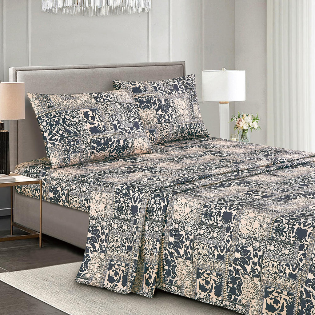 10-Piece Ivory & Black Comforter Set with Sheet Set, Geometric Damask Bed in a Bag Cal King Size