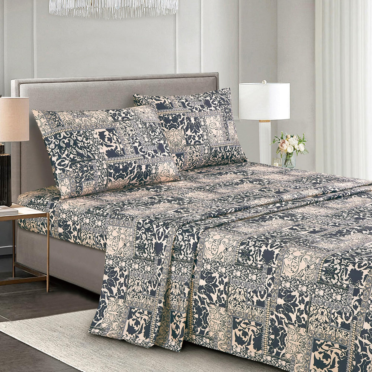 10-Piece Ivory & Black Comforter Set with Sheet Set, Geometric Damask Bed in a Bag