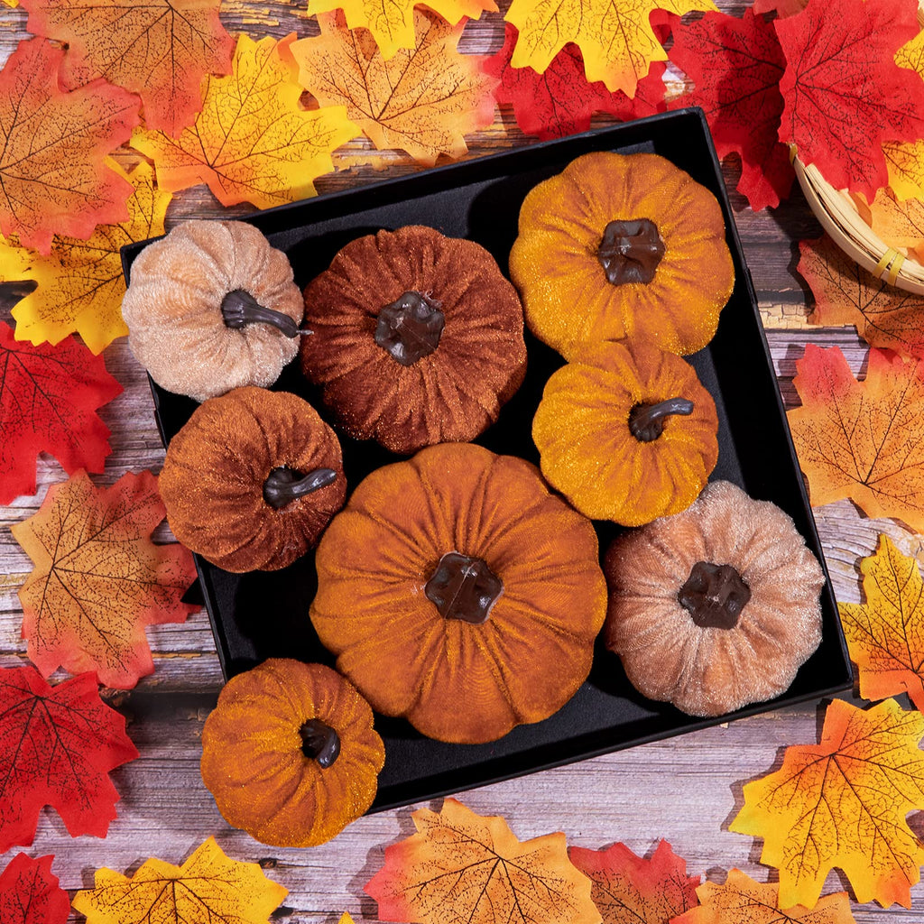 12Pcs Fall Faux Velvet Pumpkins Thanksgiving Harvest Artificial Fake Pumpkin Rustic Assorted Sizes Orange Brown Khaki