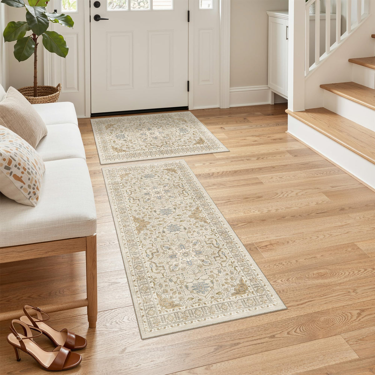 2-Piece Area Rugs Set, Small Kitchen Runner Non-Slip, Beige/Blue
