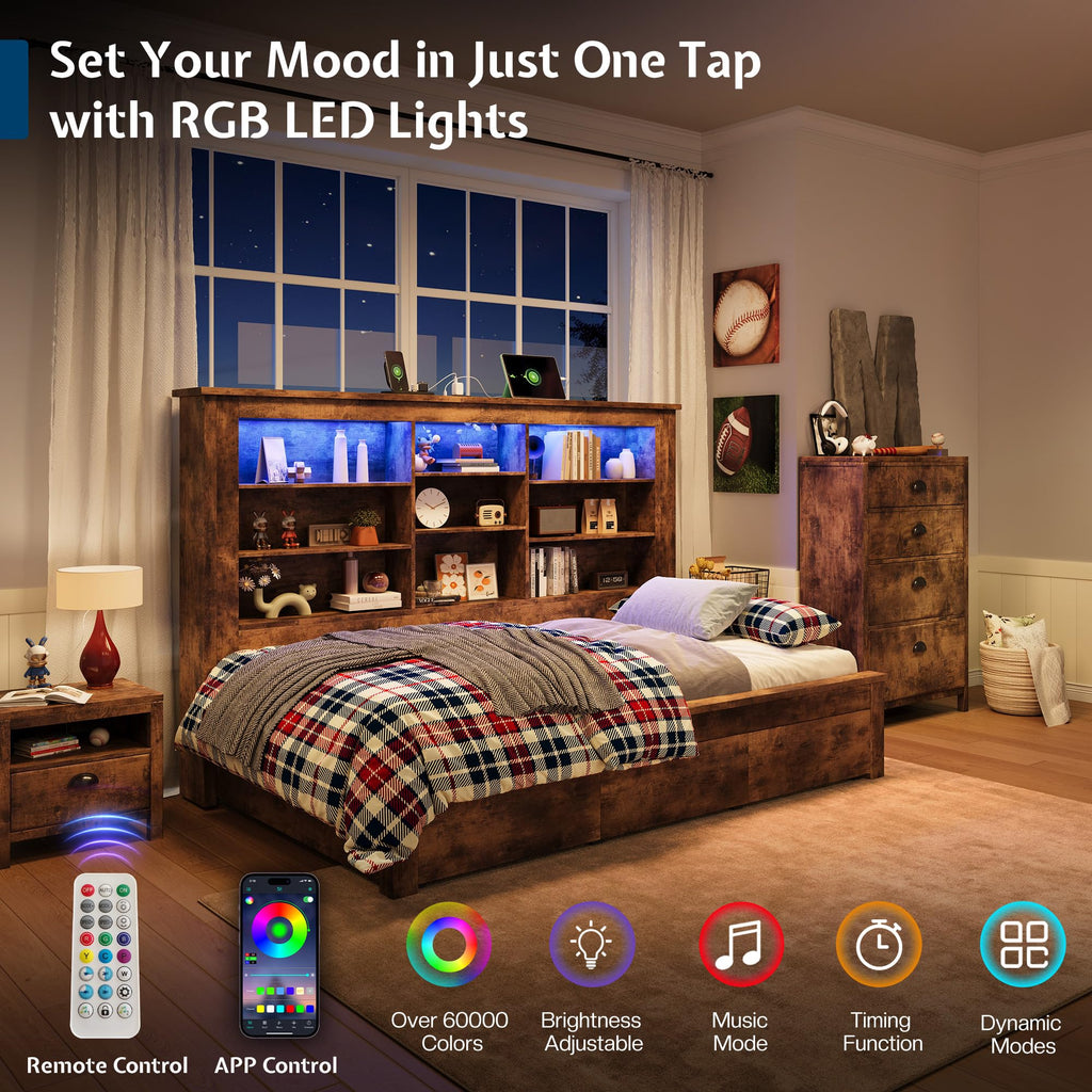 Bed Frame Bookcase Headboard, USB/LED&3 Drawers, Rustic Oak