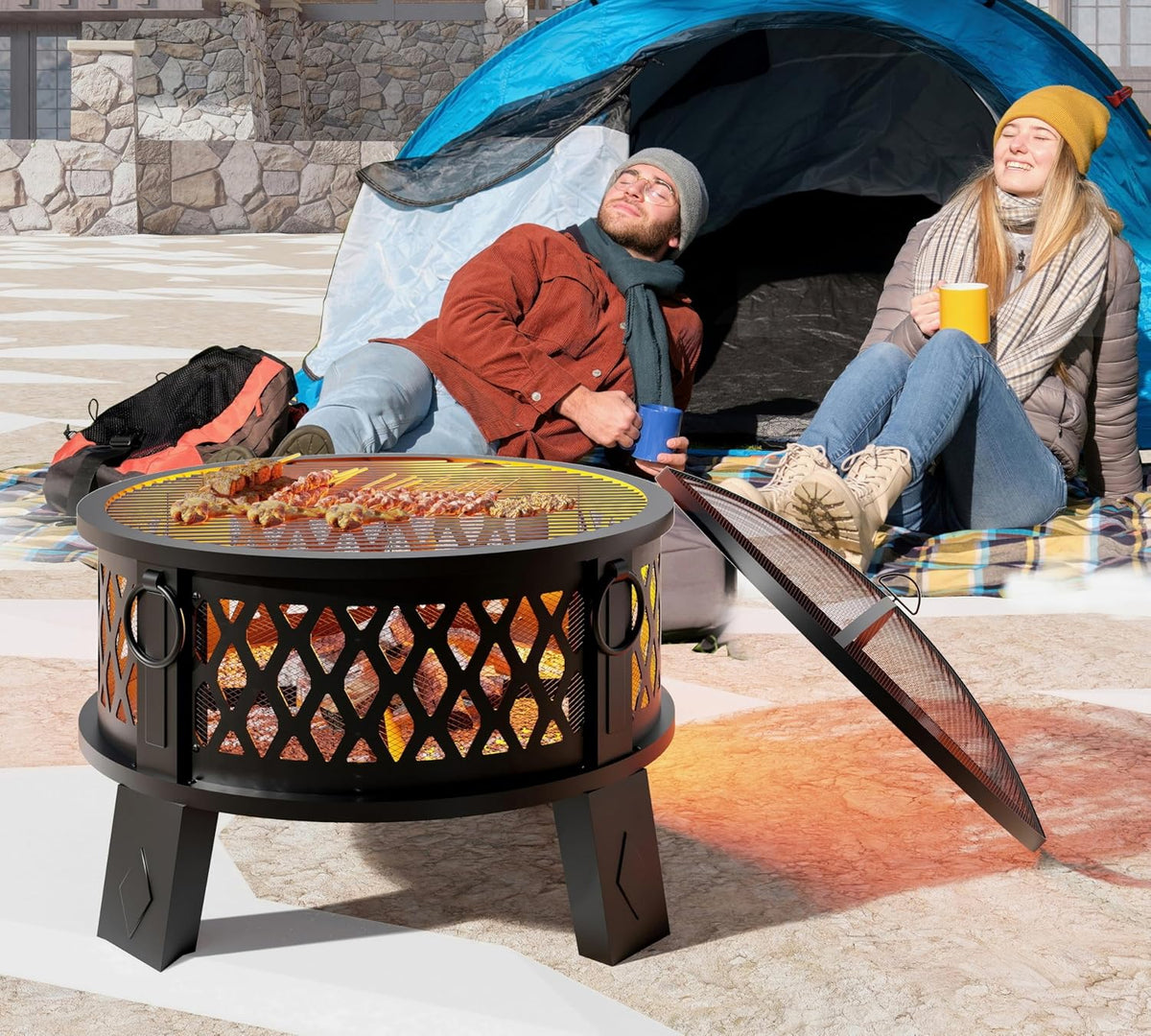 26-Inch Steel Fire Pit with Grill, Diamond Mesh Sides, and 360 Airflow