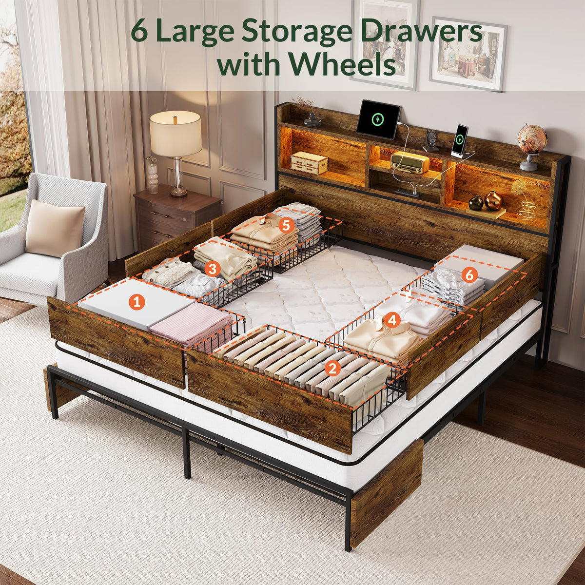 Queen Size Bed Frame with 6 Storage Drawers and Headboard Wooden Platform Bed Frame with LED Lights and Charging