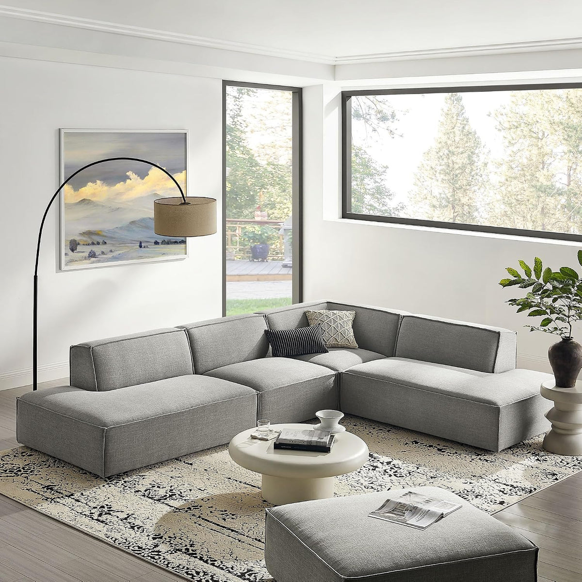 Restore Performance Fabric Upholstered 4-Piece Modular L-Shaped Armless Sectional Sofa in Pewter - Low Profile Couch