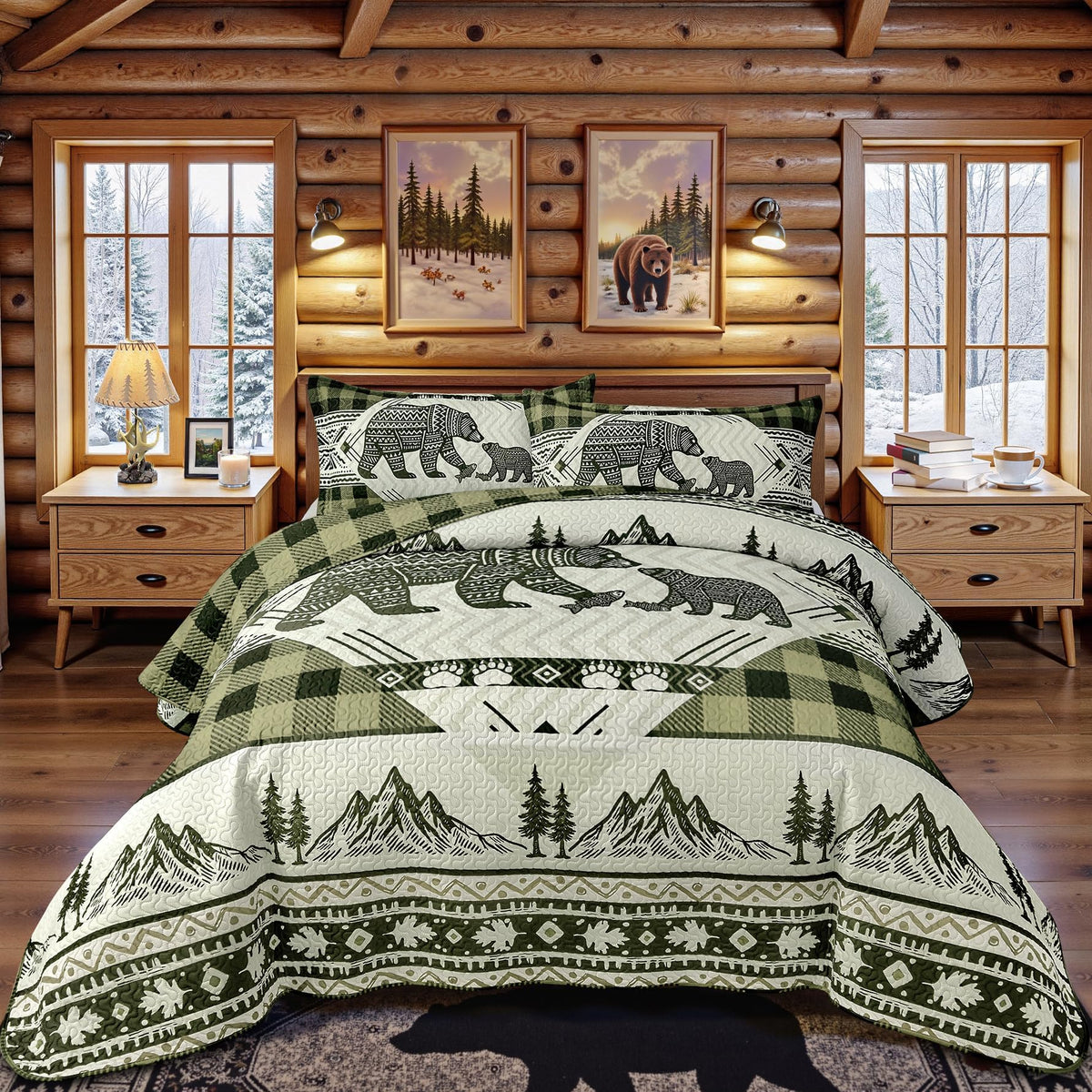 3 Piece Cabin Quilt Sets Farmhouse Rustic Reversible Microfiber Soft Lightweight Bedspread Comforter with 2