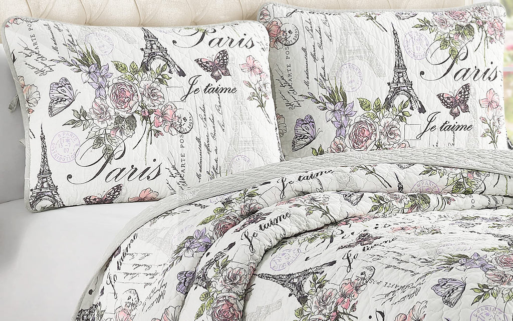 Resort Paris Floral, Pre-Washed, 3-Piece Reversible, Featuring, Eiffel Towers, Roses, Botanical Leaves, Postcards