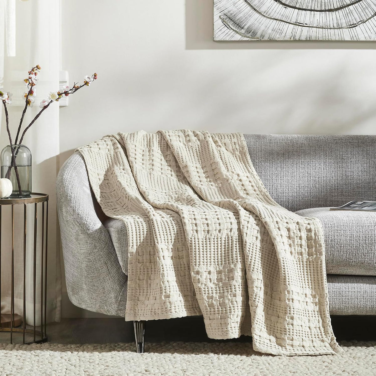 100% Cotton Waffle Weave Natural Throw 50x60, Decorative Cotton Throw Blanket, Boho Farmhouse Bedroom, Living Room