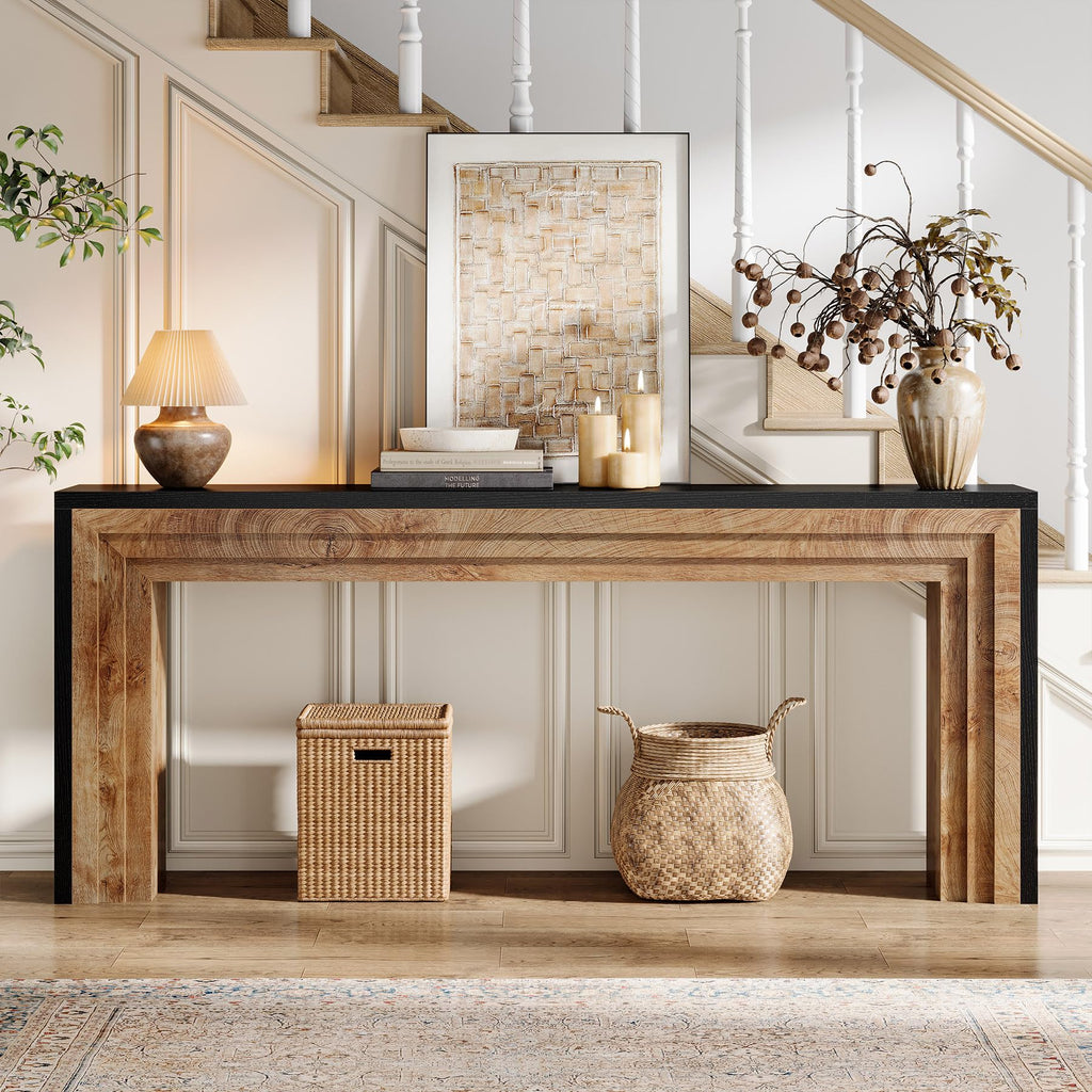 70.9-Inch Long Console Table, Farmhouse Narrow Wooden Sofa Table Behind The Couch, Foyer, Black + Natural Wood Color