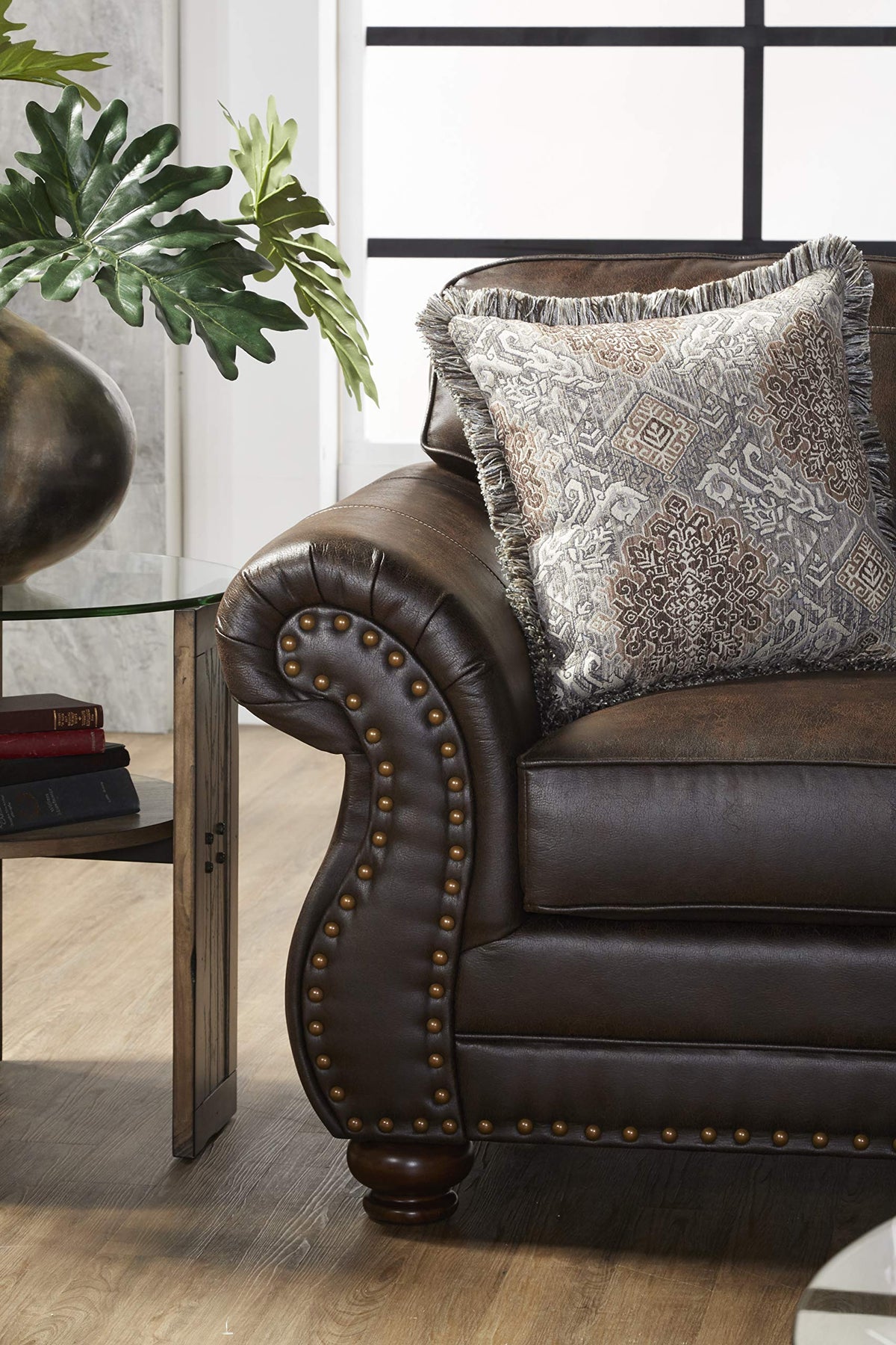 Leinster Faux Leather Sofa and Loveseat with Antique Bronze Nailheads in Espresso