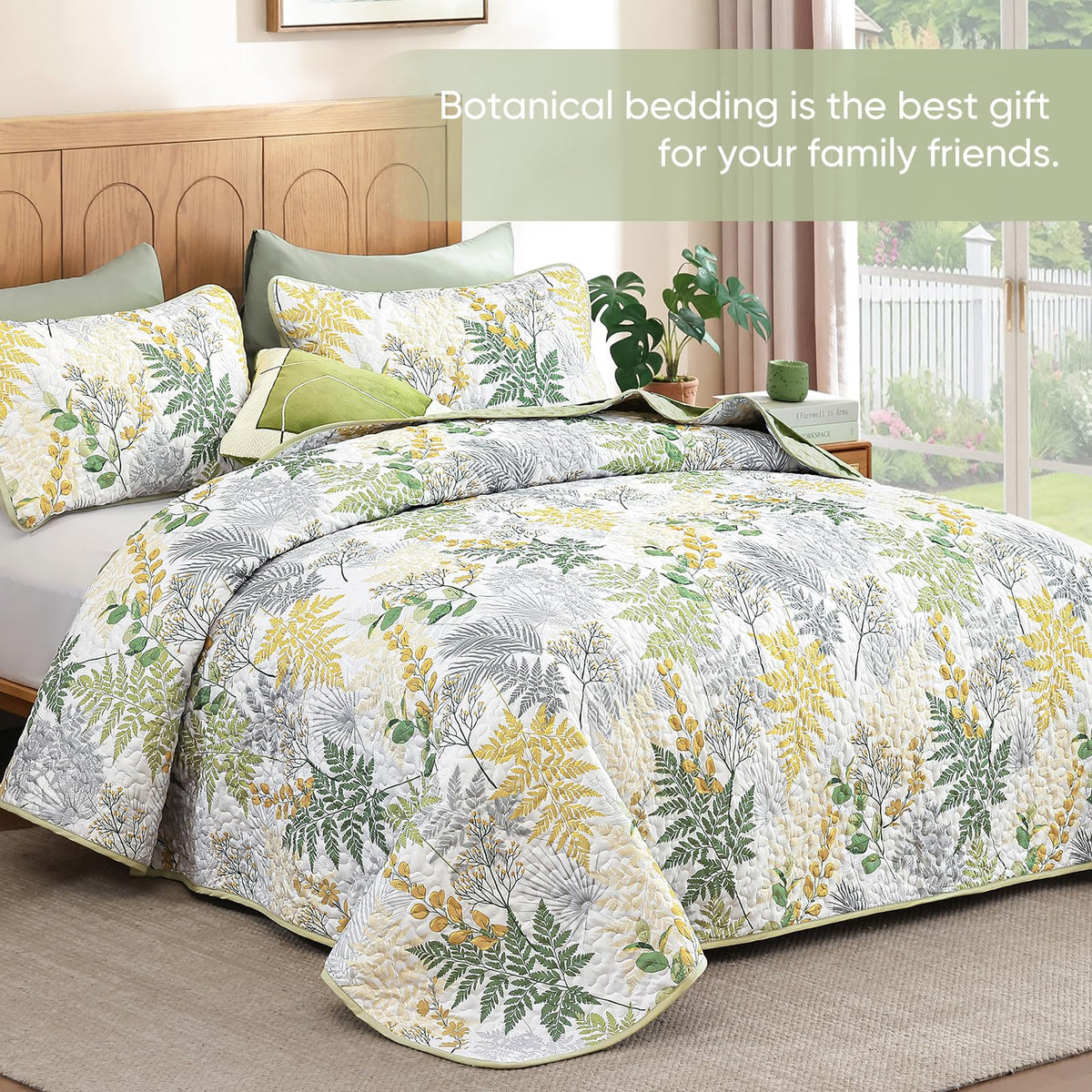 Quilt, 3 Pieces Sage Green Botanical Bedspread with Farmhouse Leaves Pattern, Soft Lightweight Microfiber