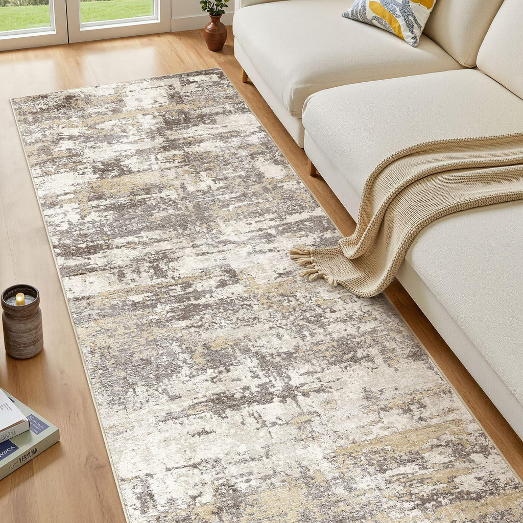 3x8 Runner Rug, Abstract Washable Hallway Rugs, Gold Brown