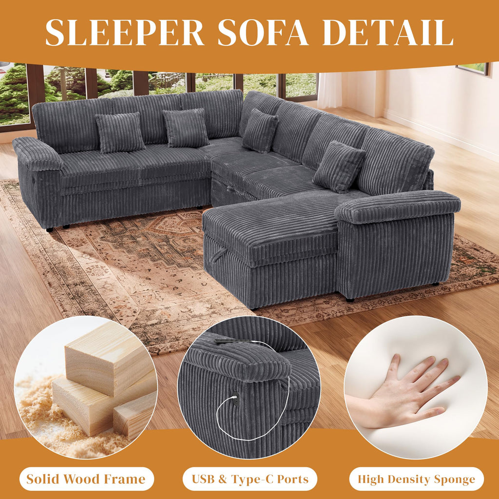 Modular Sectional Sleeper Sofa with Pull Out Bed, 104" U Shaped 7 Seat Cloud Sectional Couches, Comfy Corduroy Couch