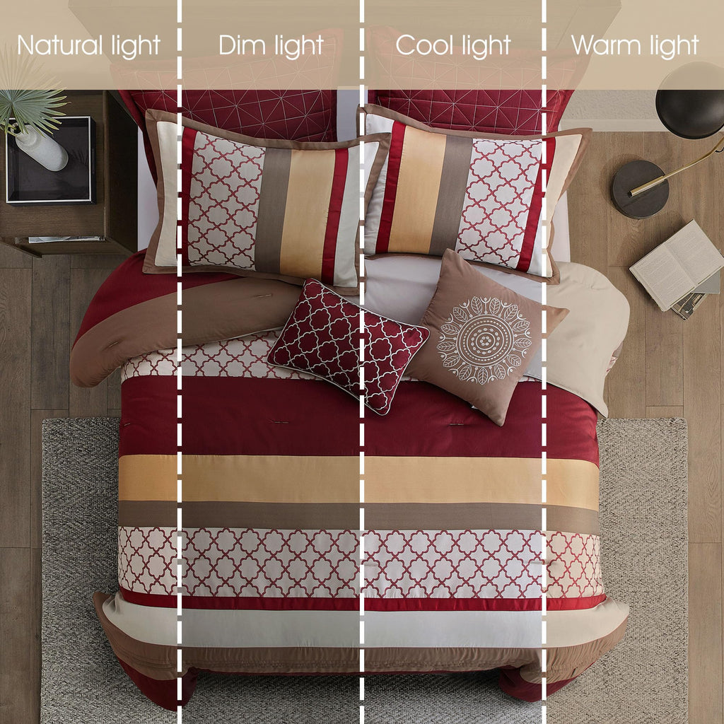 Modern Berry Taupe Comforter Set, Geometric, Jacquard 8 Pieces Bedding Sets All Season with Comforters, Bed