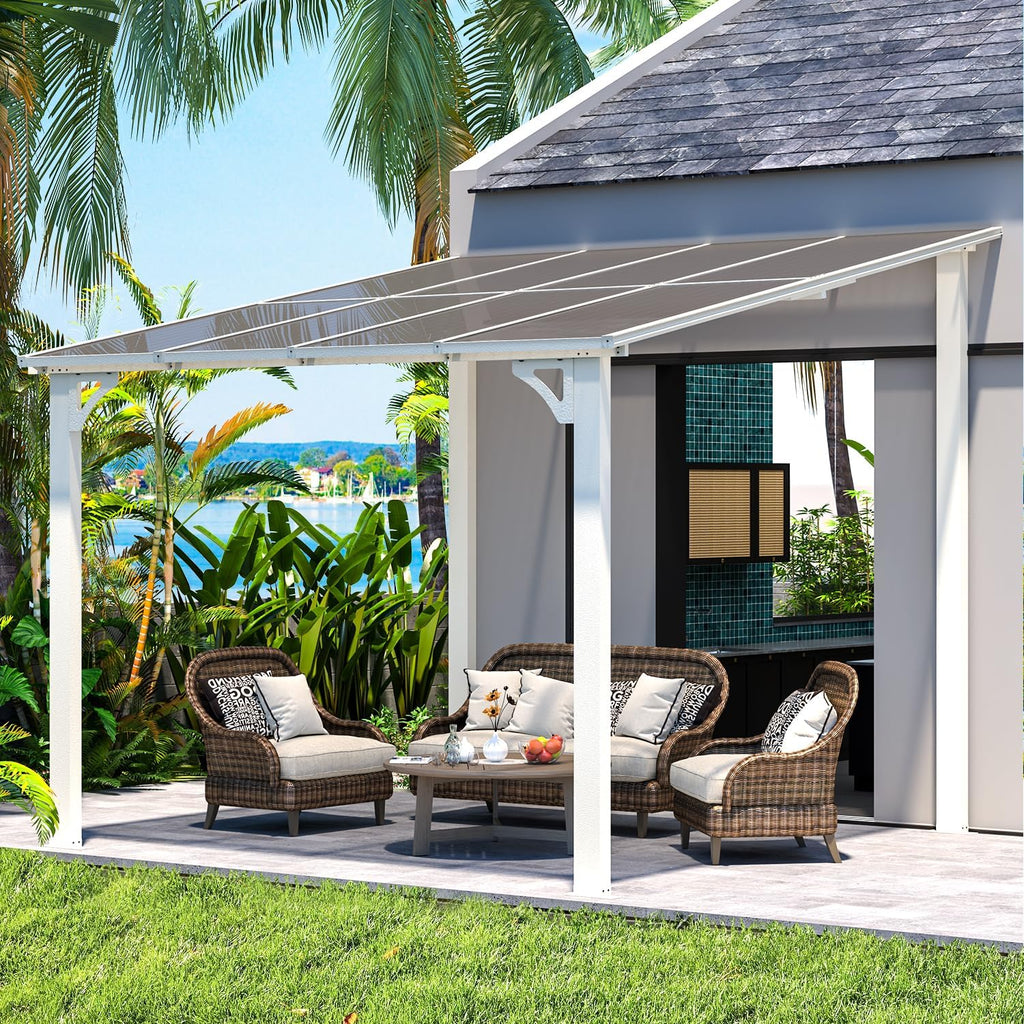 8' x 8' White Gazebo Outdoor Pergola, Small Wall-Mounted Hard Top Lean to Metal Gazebo Shelter Pergolas and Gazebos