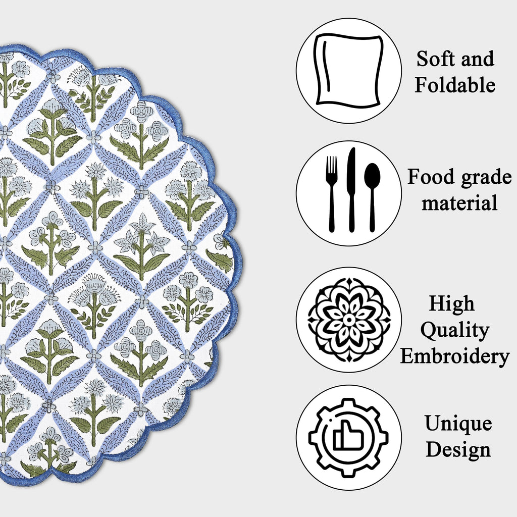 Floral Block Print Round Placemats 15 in, Set of 4, Light Steel Blue