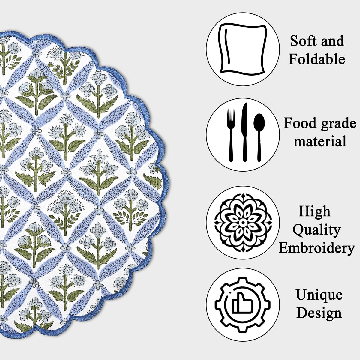Floral Block Print Round Placemats 15 in, Set of 4, Light Steel Blue