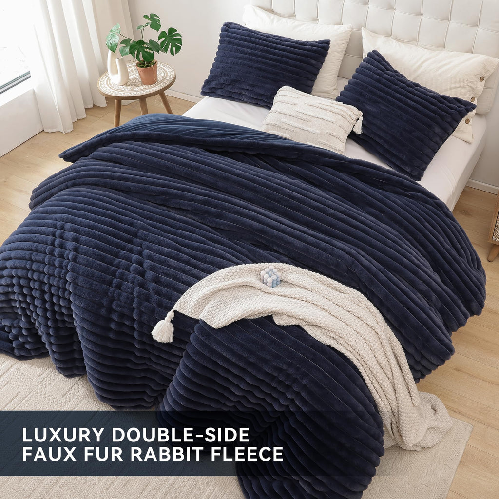 Fluffy Comforter 3 PCS - Navy Blue Fleece Bedding Set