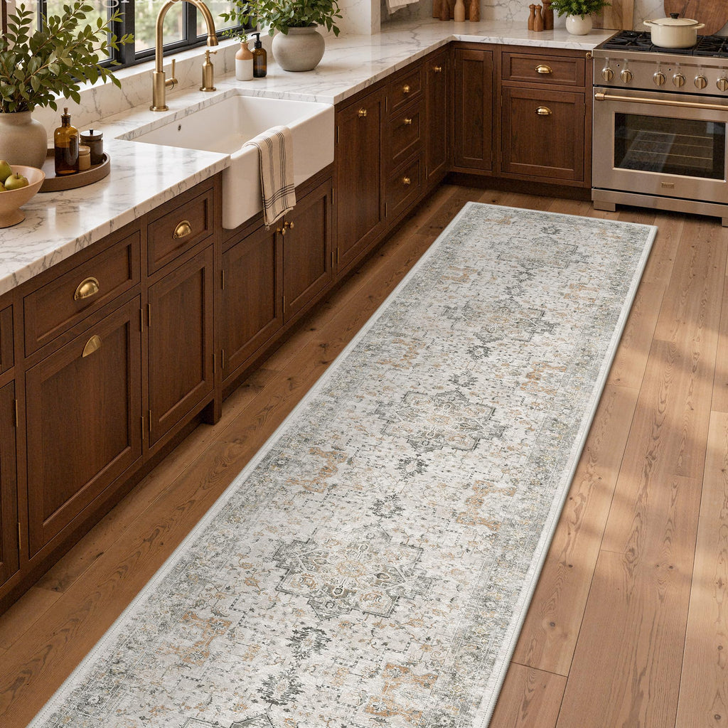 2x16 Washable Runner Rug Non Slip, Gray Beige