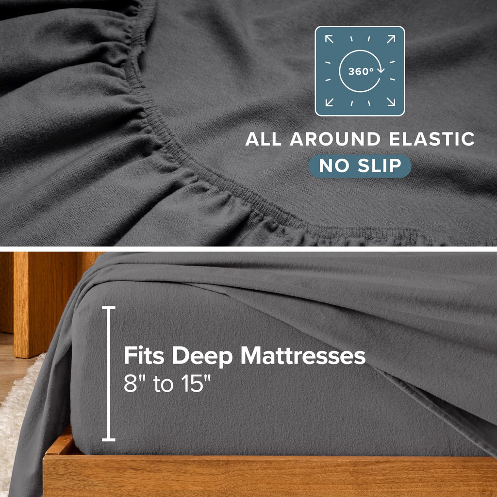Flannel Sheet Set 100% Cotton, Velvety Soft Heavyweight - Double Brushed Flannel - Deep Pocket (Grey)