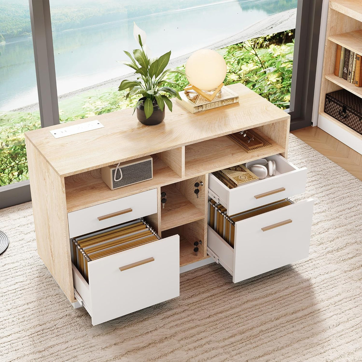 4 Drawer File Cabinet with Lock, Filing Cabinet | Office Credenza with File Drawers, Fits A4/Letter Size, Printer