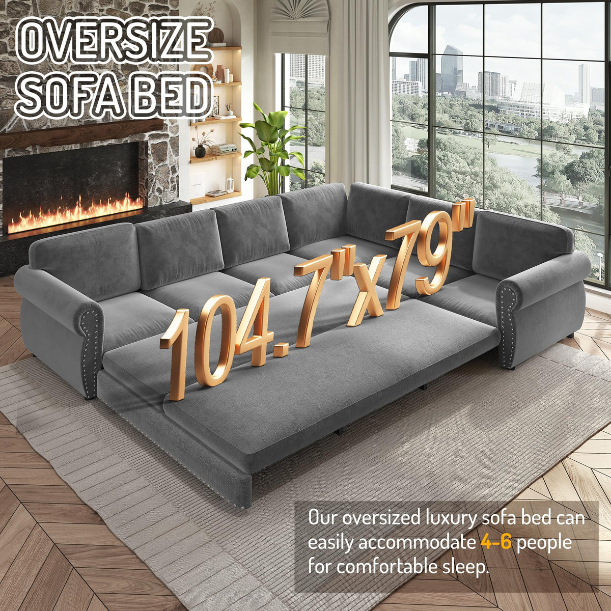L-Shaped 6-Seat Sleeper Sectional Sofa Bed, Chenille Pull Out Couch