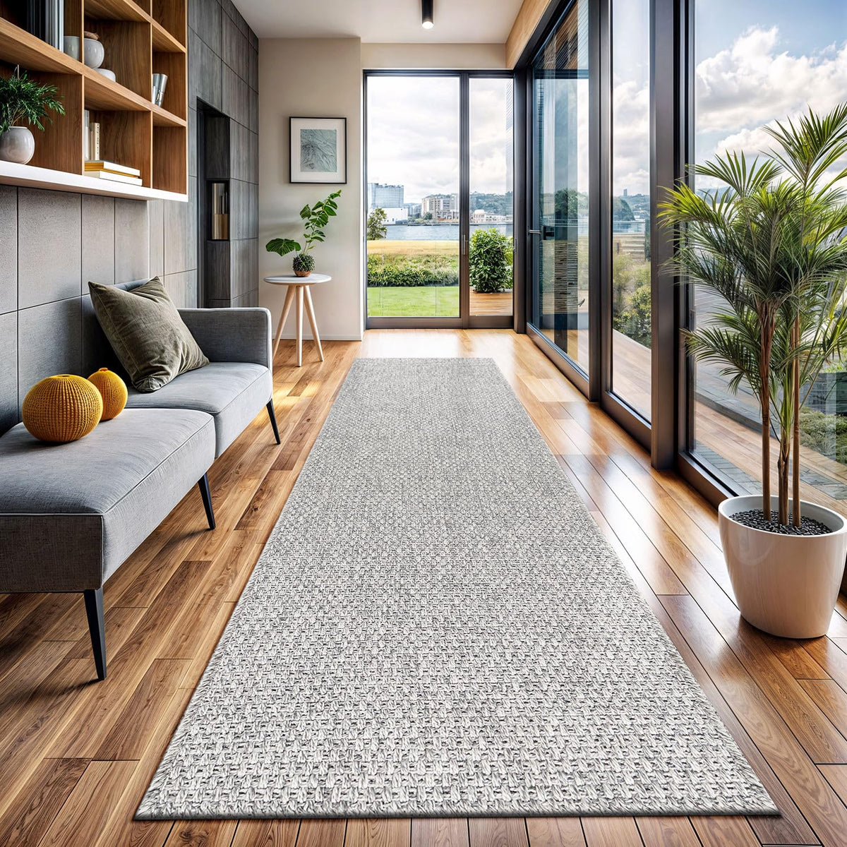 Indoor and Outdoor Runner Rug Gray Solid Boho Woven Design Easy-Cleaning Non Shedding Farmhouse Living Room Bedroom