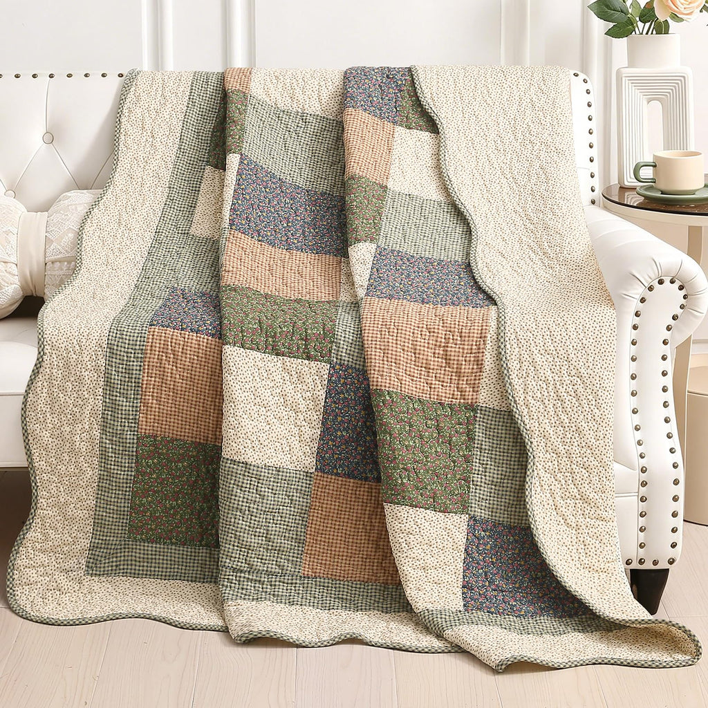 Patchwork Cotton Quilted Throw Blanket (Blue, 50"x60")