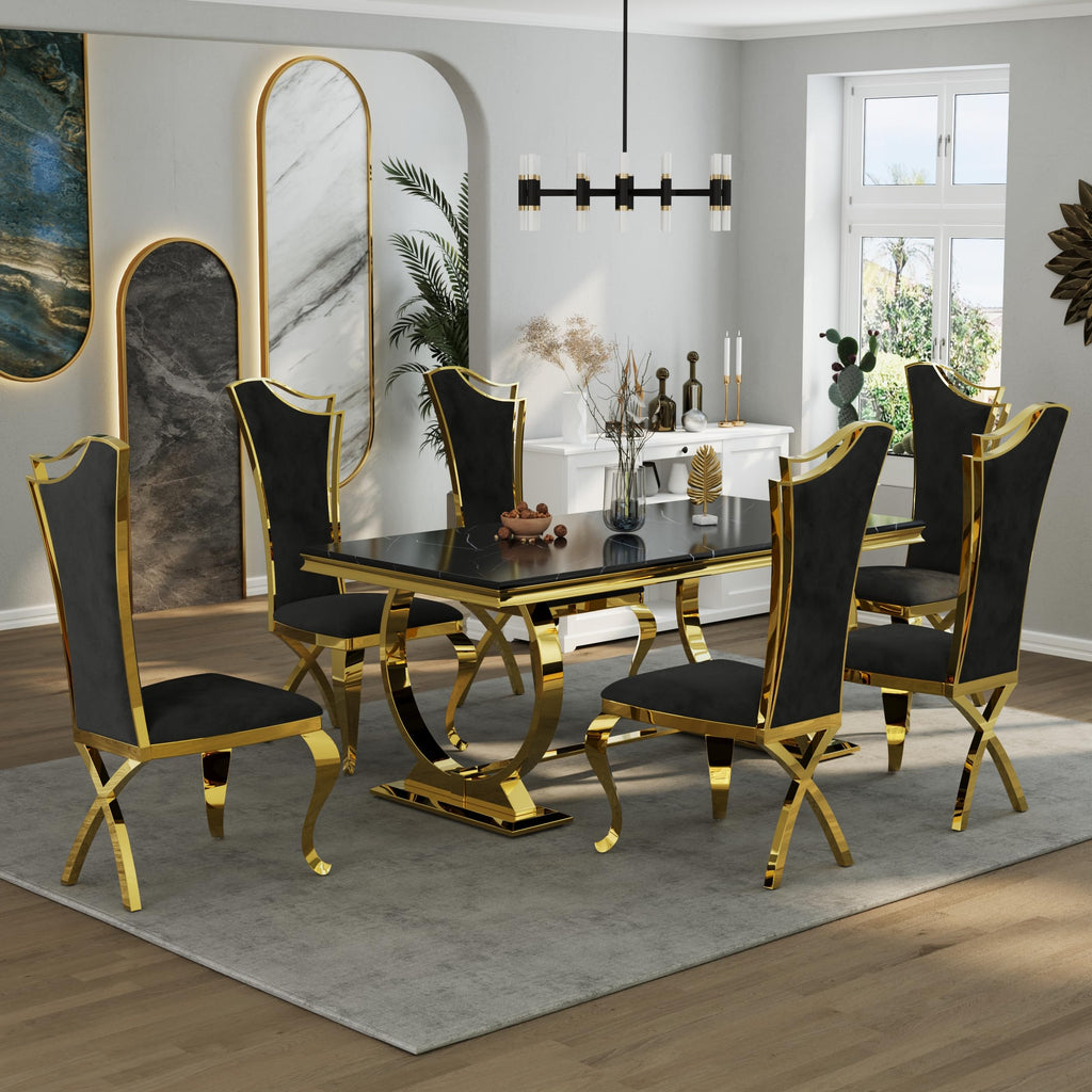 Black and Gold Dining Table, Faux Marble Top, Metal Frame and U-Base