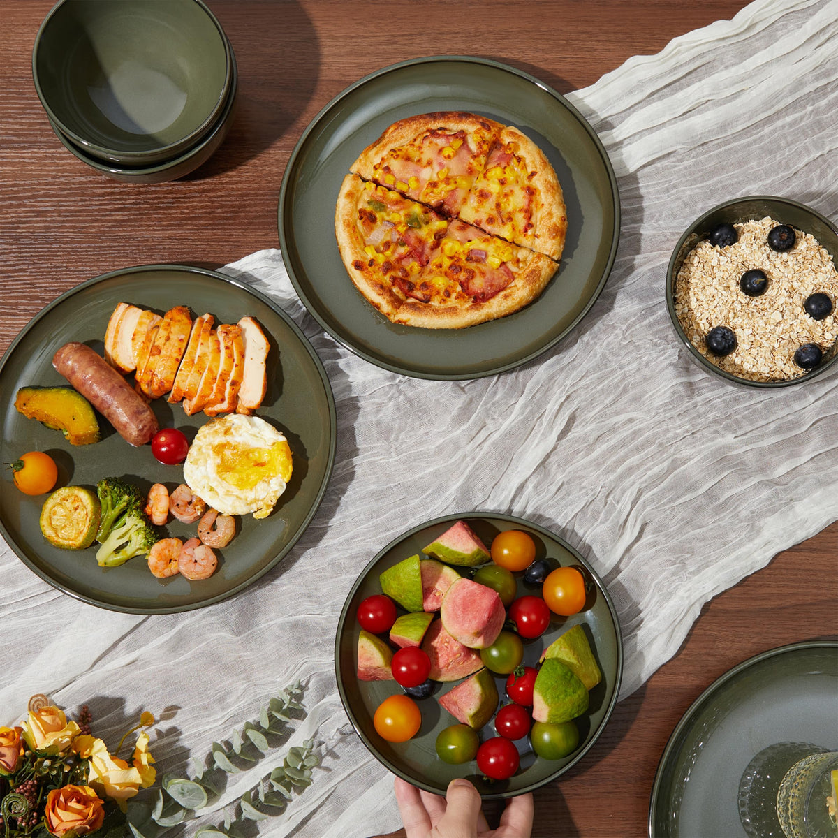 Stoneware Dinnerware Sets for 4, 12pcs Plates and Bowls Sets Dishes