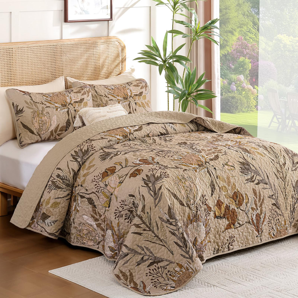 Fall Quilt Queen Size Brown, 3 Pcs Floral Bedspread Bedding Set