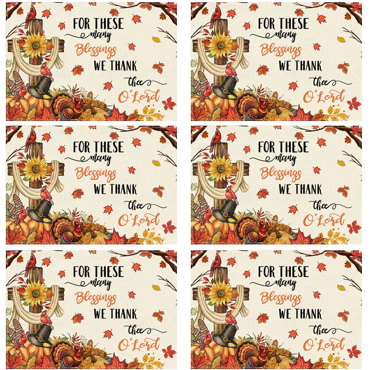 Thanksgiving Cross Placemats Set of 6 Table Decor 12x18 Inch