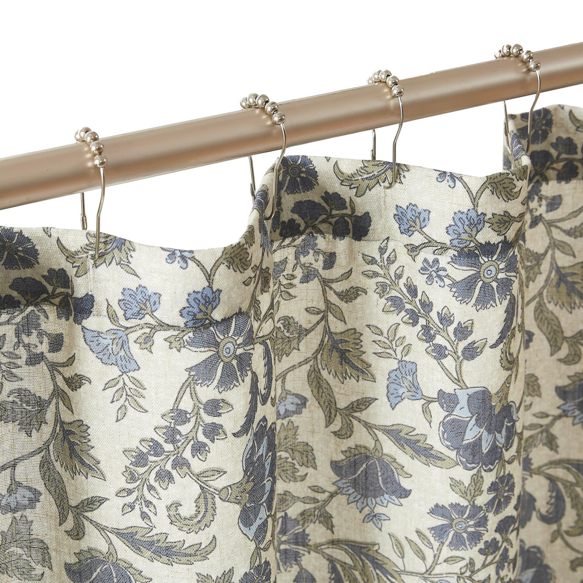 Lillian Block Print Linen Textured Single 72" W x 72" L Blue & Sage - Vintage Floral Shower Curtains - Ruffled Bath