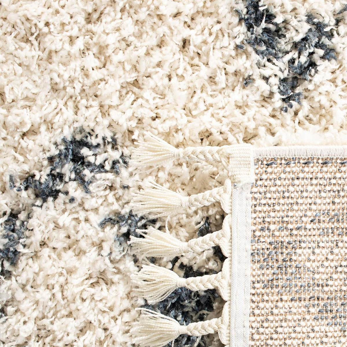 Pro Luxe Shag Collection Area Rug - 5' x 8', Cream & Blue, Moroccan Boho Tassel Design, Non-Shedding & Easy Care