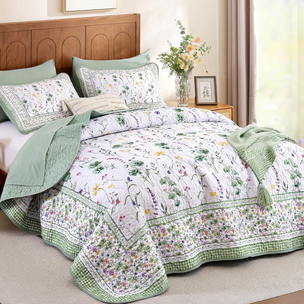 Floral Quilt Set, 3 Pcs Green Bedspreads Coverlet Set