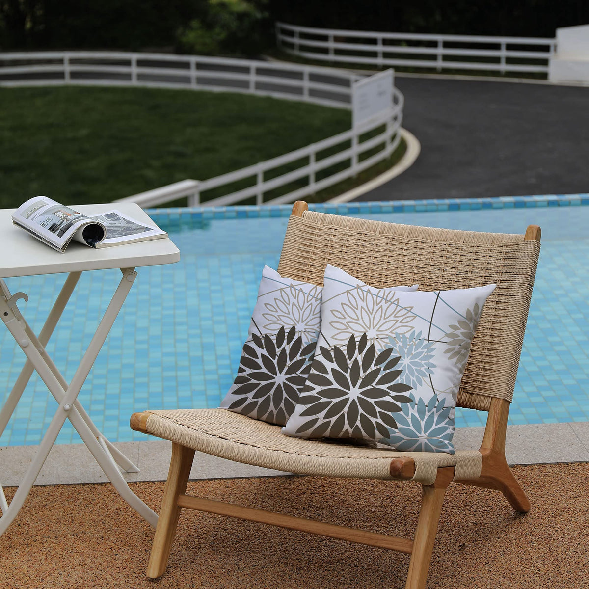 Brown Blue Floral Outdoor Pillow Covers 18x18 Set of 2 Waterproof