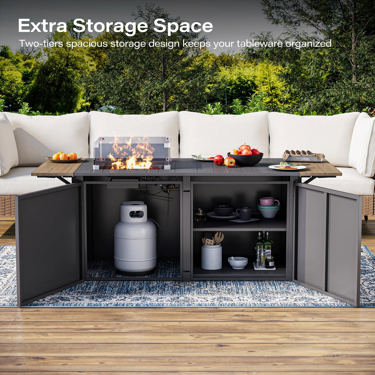 Propane Fire Pit Table 64 Inch with Lid, 60, 000 BTU Gas Fire Pits for Outside Patio with Glass Wind Guard, Dark Grey
