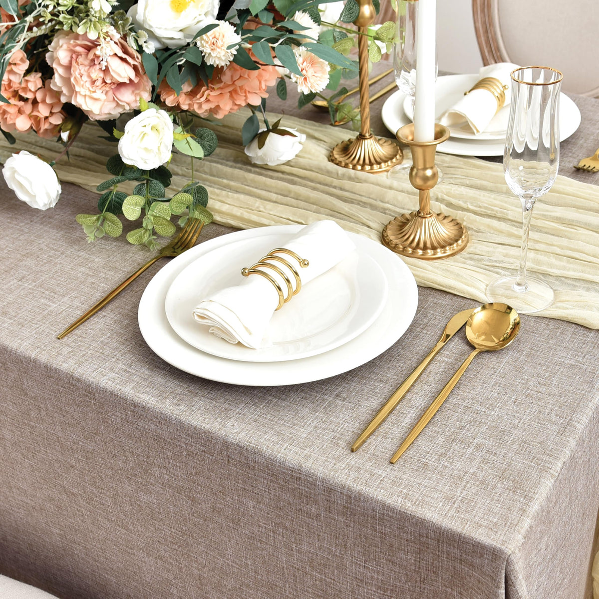 2 Pack Linen Textured Rectangle Tablecloths, 60 x 120 Inch, Nature