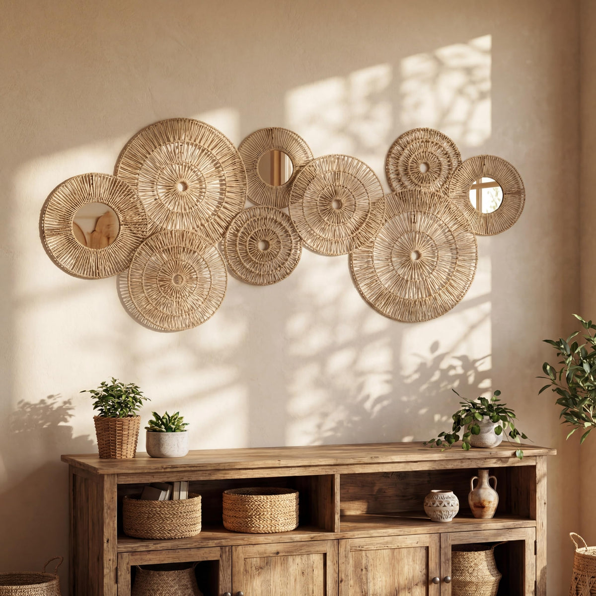 9 Pack Wicker Jute Wall Decor Baskets - Wicker Woven Jute Wall Mirrors Baskets Decorative Boho Hanging Woven Basket