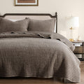 Velvet Quilt Set - Beige Striped Soft Lightweight Bedspread