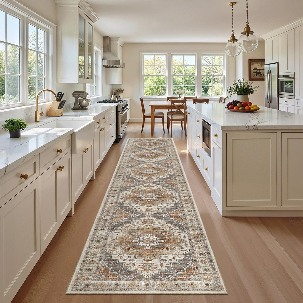 Washable Runner Rugs 2x12 Long Kitchen, Turmeric/Grey
