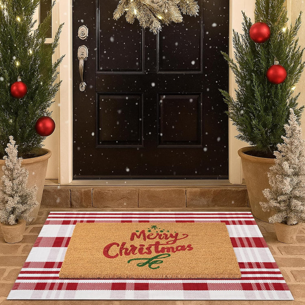 Christmas Door Mat Combo Set - 100% Coco Coir Welcome Mat + 28 x 43 Inch Red and White Diagonal Plaid Rug, New Year