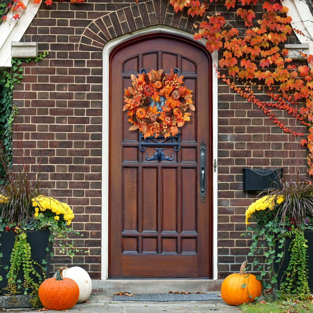 Fall Wreath 20'' Autumn Front Door Wreath with Various Pumpkin Cluster of Berries Maple Leaves Pine Cones for Outside