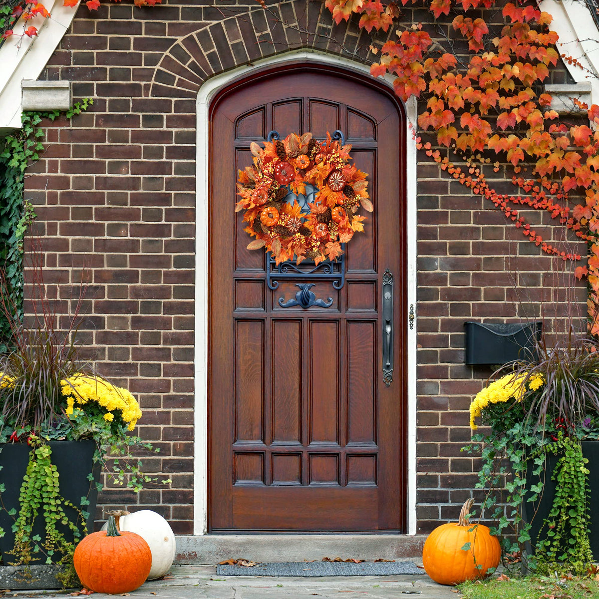Fall Wreath 20'' Autumn Front Door Wreath with Various Pumpkin Cluster of Berries Maple Leaves Pine Cones for Outside