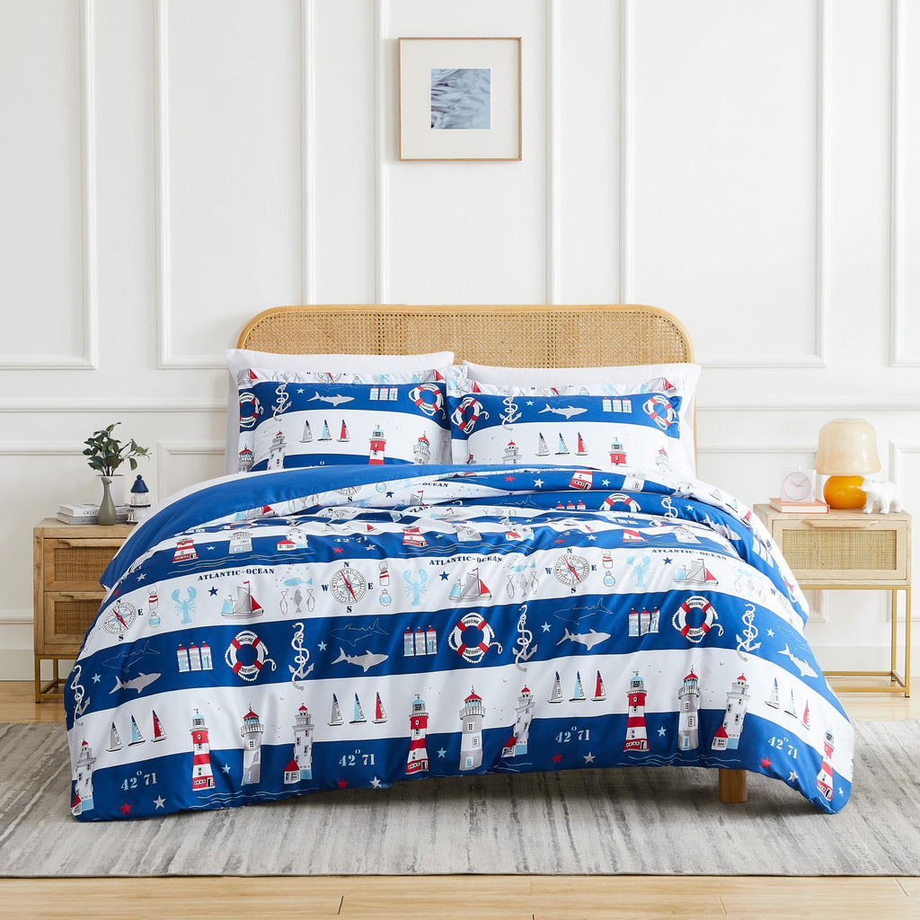 2 Piece Bedding Duvet Cover Set w/ Sham Reversible, Coastal Blue