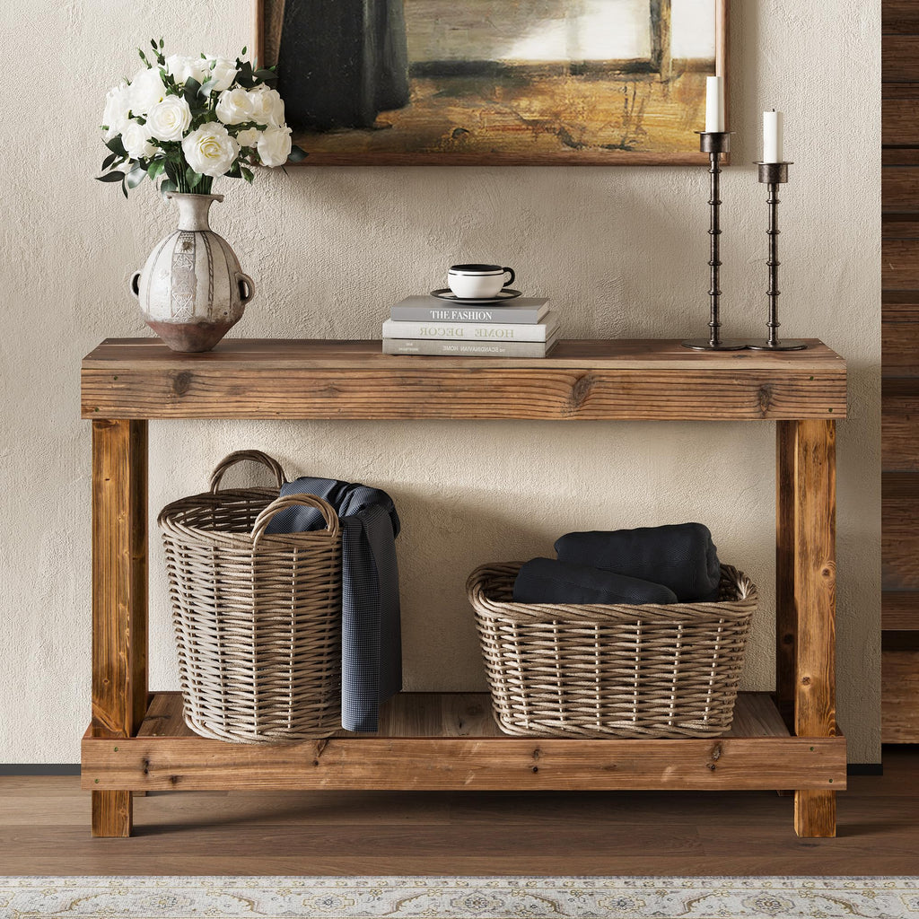 46" Long Farmhouse Console Table, Solid Wood, Natural Brown