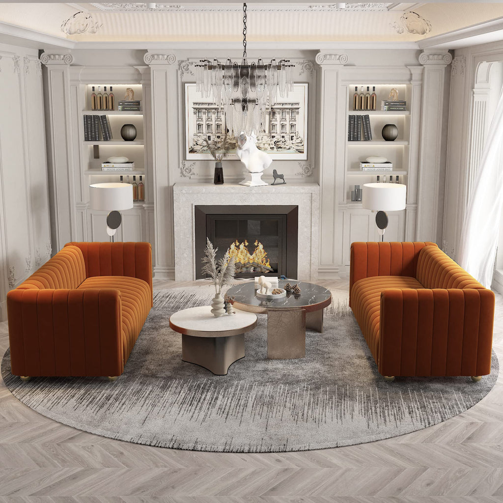 Tufted Couch Chesterfield Sofa Upholstered 81" W 3-Seater Comfy Sofa (Orange 2pcs)