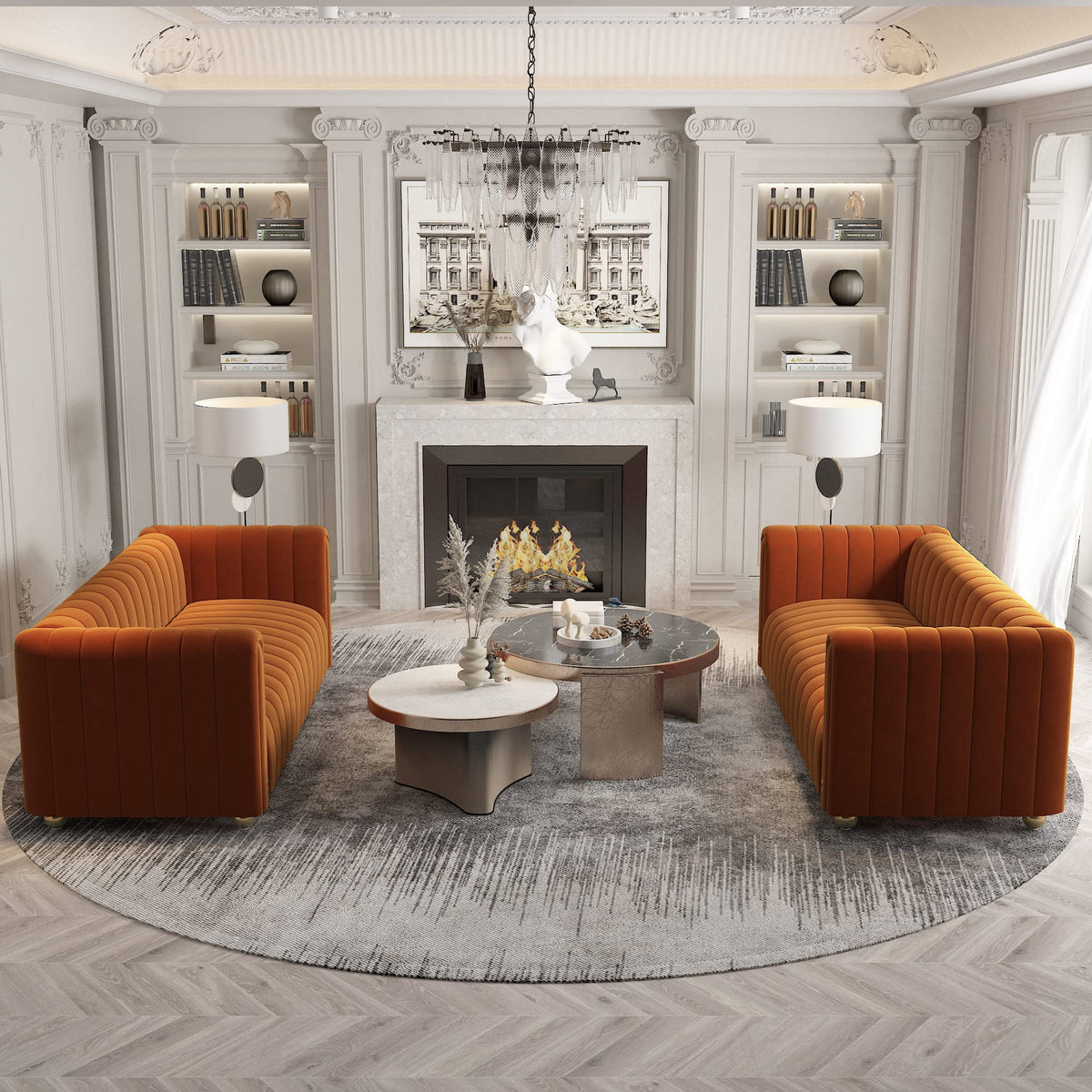 Tufted Couch Chesterfield Sofa Upholstered 81" W 3-Seater Comfy Sofa (Orange 2pcs)